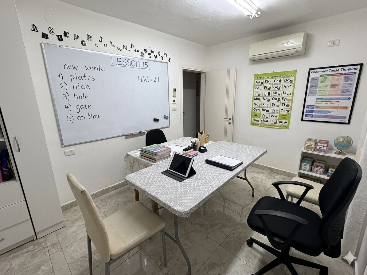 Leah's English classroom — whiteboard, desk and educational posters